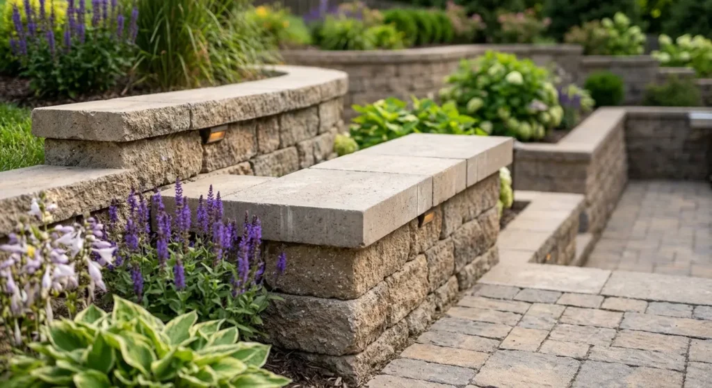 close-up of segmental concrete block retaining wall with clean cap stones