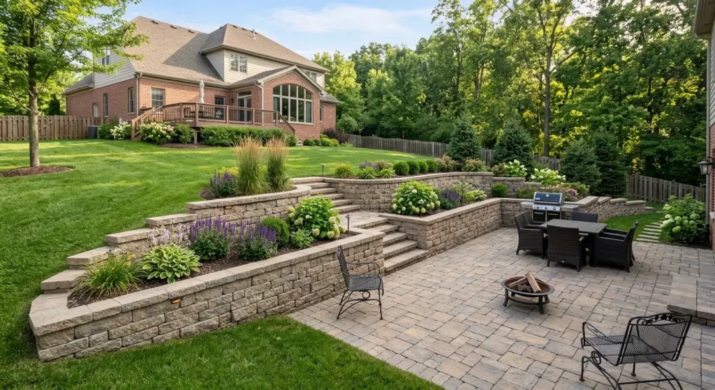 retaining wall built into a sloped Naperville backyard with paver patio